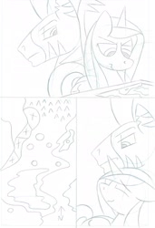 Size: 1876x2736 | Tagged: safe, artist:justanotherponyartblog, princess cadance, oc, oc:iron hoofs, alicorn, earth pony, pony, zebra, comic, eyes closed, female, floppy ears, male, mare, monochrome, patreon, patreon reward, pencil drawing, sneak peek, stallion, traditional art, zebra oc