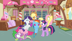 Size: 1024x576 | Tagged: safe, derpibooru import, applejack, fluttershy, pinkie pie, rainbow dash, rarity, spike, twilight sparkle, dragon, earth pony, pegasus, pony, unicorn, baby, baby dash, baby pony, baby rainbow dash, deja vu, flipped script, mane seven, mane six, sugarcube corner, worried