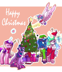 Size: 1989x2321 | Tagged: safe, artist:sl0ne, princess cadance, princess celestia, princess flurry heart, princess luna, twilight sparkle, twilight sparkle (alicorn), alicorn, pony, alicorn pentarchy, christmas, clothes, costume, family, female, hat, holiday, mare, missing accessory, mother and child, mother and daughter, parent and child, royal sisters, santa costume, santa hat, smiling