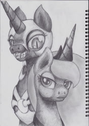 Size: 2471x3504 | Tagged: safe, artist:ponyadler86, nightmare moon, princess luna, alicorn, pony, evil grin, grin, inner demons, monochrome, pencil drawing, smiling, traditional art