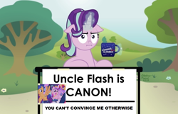 Size: 1024x661 | Tagged: safe, edit, flash sentry, princess cadance, princess flurry heart, princess luna, shining armor, starlight glimmer, sunset shimmer, alicorn, pony, unicorn, the last problem, bush, change my mind, female, flower, glowing horn, horn, levitation, magic, mare, mug, multicolored mane, op is a cuck, op is trying to start shit, pink coat, sign, signature, sitting, solo, starlight glimmer's signs, table, telekinesis, text, tree