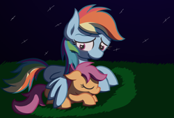 Size: 4400x3000 | Tagged: safe, artist:redenchilada, rainbow dash, scootaloo, pegasus, pony, night, scootalove, sleeping, wing blanket