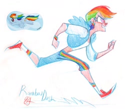 Size: 1280x1120 | Tagged: safe, artist:egriz, rainbow dash, converse, humanized, running, shoes, skinny, solo, traditional art, winged humanization