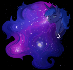 Size: 1000x956 | Tagged: safe, artist:1an1, princess luna, alicorn, pony, collaboration, black background, bust, ethereal mane, female, galaxy mane, mare, moon, simple background, smiling, solo, space, starry mane, stars