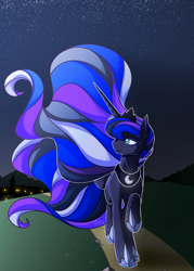 Size: 2500x3500 | Tagged: safe, artist:lrusu, princess luna, alicorn, pony, female, mare, multicolored hair, night, raised hoof, solo, stars, walking