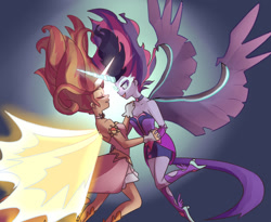 Size: 1100x900 | Tagged: safe, artist:misochikin, derpibooru import, midnight sparkle, sci-twi, sunset shimmer, twilight sparkle, equestria girls, friendship games, daydream shimmer, eyes closed, female, horns are touching, lesbian, midnightdaydream, pixiv, scitwishimmer, shipping, sunsetsparkle