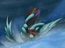 Size: 1100x821 | Tagged: safe, artist:jinyaranda, rainbow dash, pegasus, pony, crash, snow, snowfall, storm