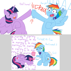 Size: 1072x1070 | Tagged: safe, artist:voltrathelively, rainbow dash, twilight sparkle, twilight sparkle (alicorn), alicorn, pegasus, pony, bandage, crying, female, hoofbump, mare