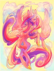 Size: 900x1200 | Tagged: safe, artist:fleebites, princess cadance, alicorn, pony, cloud, eyes closed, sky, solo, spread wings, wings