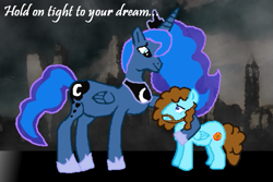 Size: 587x392 | Tagged: safe, artist:grapefruitface1, princess luna, oc, oc:electric light, alicorn, pegasus, pony, anatomically incorrect, comforting, complex background, dream, dream walker luna, electric light orchestra, elo, equestria light orchestra, female, hold on tight, implied shipping, incorrect leg anatomy, jeff lynne, male, mare, music, musician, parody, science fiction, song reference, stallion, steampunk, time travel