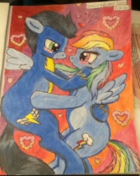 Size: 720x906 | Tagged: safe, artist:shelby100, rainbow dash, soarin', pegasus, pony, female, male, shipping, soarindash, straight, traditional art