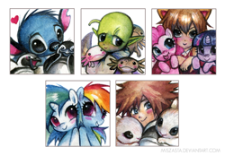 Size: 600x417 | Tagged: safe, artist:miszasta, derpibooru import, dj pon-3, pinkie pie, rainbow dash, twilight sparkle, vinyl scratch, earth pony, pegasus, penguin, pony, rabbit, unicorn, axolotl, dende, sora, stitch, taiga aisaka, traditional art, watercolor painting