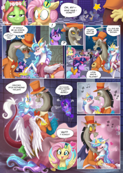 Size: 850x1186 | Tagged: safe, artist:falleninthedark, artist:stepandy, derpibooru import, derpy hooves, discord, dj pon-3, doctor whooves, fluttershy, maud pie, octavia melody, pinkie pie, princess celestia, tree hugger, twilight sparkle, twilight sparkle (alicorn), vinyl scratch, oc, oc:pandy, alicorn, earth pony, panda pony, pegasus, pony, comic:i'll catch you dancing, make new friends but keep discord, blushing, comic, dialogue, dislestia, female, floppy ears, jealous, male, mare, realistic horse legs, shipper on deck, shipping, speech bubble, straight, teasing