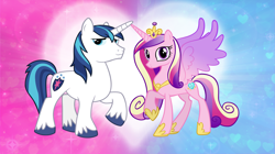 Size: 5360x3008 | Tagged: safe, artist:andoanimalia, princess cadance, shining armor, alicorn, pony, unicorn, cutie mark, female, husband and wife, male, shiningcadance, shipping, smiling, straight, wallpaper