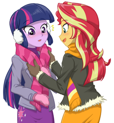 Size: 860x930 | Tagged: safe, artist:ta-na, derpibooru import, sunset shimmer, twilight sparkle, equestria girls, blushing, clothes, coat, cute, earmuffs, female, jacket, lesbian, mittens, open mouth, scarf, shimmerbetes, shipping, skirt, smiling, sunsetsparkle, twiabetes