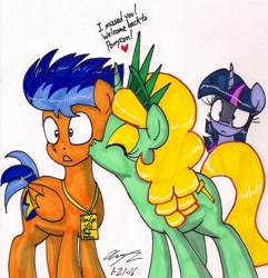 Size: 1368x1421 | Tagged: safe, artist:newyorkx3, derpibooru import, flash sentry, twilight sparkle, oc, oc:liberty, dialogue, heart, kissing, ponycon, traditional art