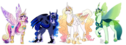 Size: 2600x950 | Tagged: safe, artist:arexstar, princess cadance, princess celestia, princess luna, queen chrysalis, alicorn, bat pony, changedling, changeling, changeling queen, crystal pony, pony, alternate hairstyle, crystal alicorn, ethereal mane, female, floppy ears, hybrid wings, jewelry, lidded eyes, looking at you, lunabat, mare, open mouth, purified chrysalis, race swap, raised hoof, redesign, regalia, simple background, smiling, spread wings, starry mane, starry wings, unshorn fetlocks, white background, wings