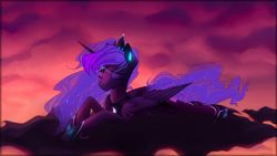 Size: 1920x1080 | Tagged: safe, artist:xn-d, princess luna, alicorn, pony, cloud, female, headphones, prone, sunset