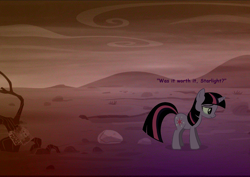 Size: 1026x726 | Tagged: safe, derpibooru import, twilight sparkle, unicorn twilight, pony, unicorn, fallout equestria, the cutie re-mark, alternate timeline, apocalypse, ashlands timeline, bad end, barren, comic sans, crying, fanfic, fanfic art, female, hooves, horn, implied genocide, mare, ministry of peace, post-apocalyptic, sad, solo, wasteland