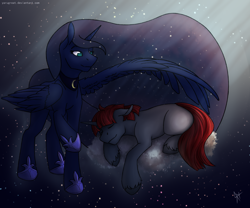 Size: 1600x1333 | Tagged: safe, artist:yarugreat, princess luna, alicorn, pony, unicorn, commission, female, male, mare, protecting, sleeping, smiling, stallion, ych result