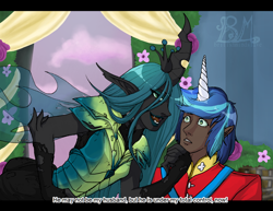 Size: 3546x2736 | Tagged: safe, artist:britishmindslave, queen chrysalis, shining armor, human, a canterlot wedding, alternate hairstyle, armor, bedroom eyes, clothes, coat, dark skin, elf ears, eyeshadow, fangs, female, fingerless gloves, gloves, horn, horned humanization, humanized, hypnosis, hypnotized, lipstick, makeup, male, winged humanization, wings