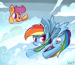Size: 1600x1400 | Tagged: safe, artist:kty159, rainbow dash, scootaloo, pegasus, pony, blushing, cheering, cloud, cloud busting, cloudy, colored pupils, duo, duo female, female, filly, flying, looking back, mare, open mouth, sky, spread wings, wings