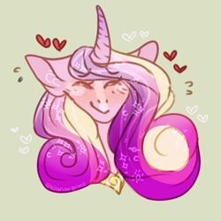 Size: 879x879 | Tagged: safe, artist:beanieprince, princess cadance, alicorn, pony, bust, curved horn, eyes closed, female, gray background, happy, heart, mare, simple background, smiling, solo