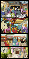 Size: 2000x4000 | Tagged: safe, artist:seventozen, oc, oc only, oc:quill (seventozen), earth pony, giraffe, pony, unicorn, comic:the day breaks softly, comic, female, glowing horn, horn ring, male, mare, stallion, train