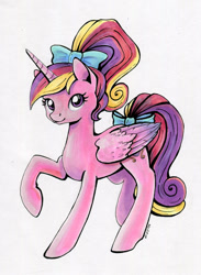 Size: 600x819 | Tagged: safe, artist:maytee, princess cadance, alicorn, pony, bow, female, hair bow, mare, ponytail, raised hoof, simple background, smiling, solo, tail bow, teen princess cadance, traditional art, younger