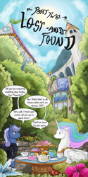 Size: 2000x4000 | Tagged: safe, artist:seventozen, princess celestia, oc, oc:cliff, alicorn, pony, comic:the day breaks softly, bread, clothes, comic, food, gelatin, male, stallion, teapot