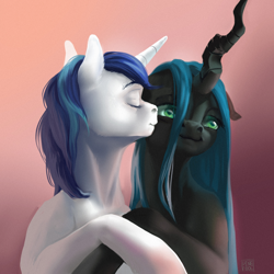 Size: 1000x1000 | Tagged: safe, artist:pinefool, queen chrysalis, shining armor, changeling, changeling queen, pony, unicorn, fanfic:off the mark, fanfic art, female, infidelity, infidelity armor, kissing, male, shining chrysalis, shipping, straight