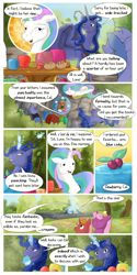 Size: 2000x4000 | Tagged: safe, artist:seventozen, princess celestia, princess luna, oc, alicorn, pony, comic:the day breaks softly, cake, comic, food, magic, twig