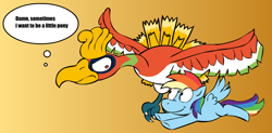 Size: 1280x631 | Tagged: safe, artist:benja, rainbow dash, bird, pegasus, pony, :t, ask-ask-the-ponies, crossover, eye contact, female, flying, frown, glare, gradient background, ho-oh, looking at each other, mare, nintendo, nose wrinkle, pokémon, smiling, spread wings, thought bubble, underhoof, wings