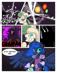 Size: 992x1283 | Tagged: safe, artist:zanezandell, princess luna, oc, oc:truffle mint, alicorn, pony, comic:cmcnext, battle armor, bipedal, clothes, cmcnext, comic, darkness, dream, explosion, hiding behind wing, krakow, monster, nightmare, scared, sceptor, speech bubble