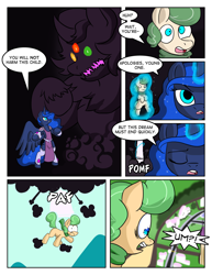 Size: 992x1284 | Tagged: safe, artist:zanezandell, princess luna, oc, oc:truffle mint, alicorn, pony, comic:cmcnext, battle armor, battle outfit, cmcnext, comic, dream, falling, levitation, magic, monster, nightmare, pomf, sky, speech bubble, telekinesis