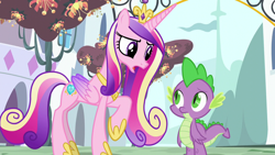 Size: 1280x720 | Tagged: safe, screencap, princess cadance, spike, alicorn, dragon, pony, princess spike (episode), colored wings, dragonsneeze, duo, female, gradient wings, male, mare, open mouth, raised hoof