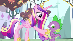 Size: 1280x720 | Tagged: safe, screencap, princess cadance, spike, alicorn, dragon, pony, princess spike (episode), colored wings, dragonsneeze, duo, female, gradient wings, male, mare