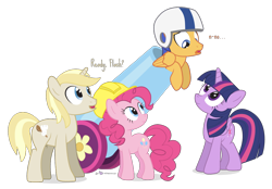 Size: 1120x780 | Tagged: safe, artist:dm29, derpibooru import, flash sentry, pinkie pie, twilight sparkle, twilight sparkle (alicorn), oc, oc:colin nary, alicorn, earth pony, pony, female, hard hat, hat, helmet, mare, party cannon, pony cannonball, pun, simple background, this will end in tears, transparent background