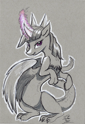 Size: 614x900 | Tagged: safe, artist:tsitra360, derpibooru import, twilight sparkle, draconequus, draconequified, female, glowing horn, gray background, grayscale, looking at you, monochrome, simple background, solo, species swap, traditional art, twikonequus