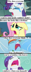 Size: 617x1408 | Tagged: safe, edit, edited screencap, screencap, fluttershy, rainbow dash, rarity, pegasus, pony, unicorn, a dog and pony show, hurricane fluttershy, sonic rainboom (episode), comic, crying, crying fluttershy, dialogue, drama, female, fluttercry, forced meme, lesbian, meme, overdramatic, question, screaming, screencap comic, text, uvula