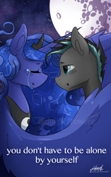 Size: 1024x1628 | Tagged: safe, artist:midnightpremiere, princess luna, oc, oc:star shadow, alicorn, pony, canon x oc, commission, crying, eyes closed, female, male, mare, mare in the moon, moon, smiling, stallion, straight