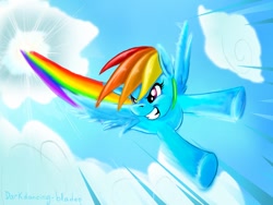 Size: 1024x768 | Tagged: safe, artist:darkdancing-blades, rainbow dash, pegasus, pony, blue coat, female, flying, mare, multicolored mane