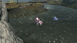 Size: 1360x768 | Tagged: safe, pinkie pie, princess luna, oc, oc:mr franconian, alicorn, earth pony, human, pony, 3d, female, happy, human male, humans riding ponies, male, mare, nudity, pinkamene diane pie, riding, sexy, shipping, skyrim, smiling, the elder scrolls, water