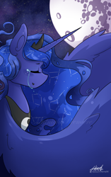 Size: 1024x1627 | Tagged: safe, alternate version, artist:midnightpremiere, princess luna, alicorn, pony, commission, constellation, crying, eyes closed, female, mare, mare in the moon, moon, night, solo