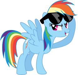 Size: 8329x7985 | Tagged: safe, artist:mysteriouskaos, rainbow dash, pegasus, pony, absurd resolution, eye, eyes, face, female, glasses, hair, mare, open mouth, raised hoof, simple background, solo, sunglasses, tail, transparent background, vector, wings