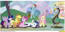 Size: 3604x1805 | Tagged: safe, artist:conikiblasu-fan, derpibooru import, applejack, discord, fluttershy, pinkie pie, rainbow dash, rarity, twilight sparkle, twilight sparkle (alicorn), alicorn, draconequus, earth pony, pegasus, pony, unicorn, crying, discord gets all the mares, equestria is doomed, fluttercry, mane six, missing cutie mark, preggity, preggy pie, pregnant, xk-class end-of-the-world scenario, you're the father