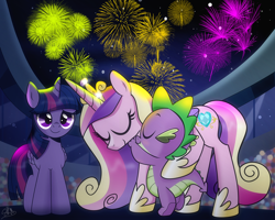 Size: 1320x1056 | Tagged: safe, artist:dsana, princess cadance, spike, twilight sparkle, twilight sparkle (alicorn), alicorn, dragon, pony, equestria games (episode), crown, eyes closed, female, fireworks, hug, jewelry, male, mare, regalia, smiling, spikelove