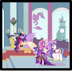 Size: 10000x9753 | Tagged: safe, artist:bigmk, artist:kuma993, flash sentry, philomena, princess cadance, princess celestia, princess flurry heart, princess luna, princess twilight 2.0, shining armor, spike, starlight glimmer, twilight sparkle, twilight sparkle (alicorn), oc, oc:fausticorn, alicorn, dragon, pegasus, phoenix, pony, unicorn, the last problem, a new era, absurd resolution, alicorn pentarchy, clothes, crown, dress, eye scar, flurry heart pearl of battle, jewelry, lauren faust, looking to the left, mlp fim's ninth anniversary, older, older flurry heart, older spike, peytral, pink-mane celestia, regalia, s1 luna, scar, ultimate twilight