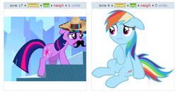 Size: 538x285 | Tagged: safe, rainbow dash, twilight sparkle, pegasus, pony, exploitable meme, juxtaposition, juxtaposition win, moustache, sombrero