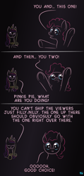 Size: 567x1196 | Tagged: safe, artist:quint-t-w, pinkie pie, princess cadance, alicorn, earth pony, pony, comic, dialogue, fourth wall, fourth wall destruction, gradient background, implied shipping, looking at you, meta, princess of shipping, shipper on deck, shipper pie, shipping, talking, underhoof